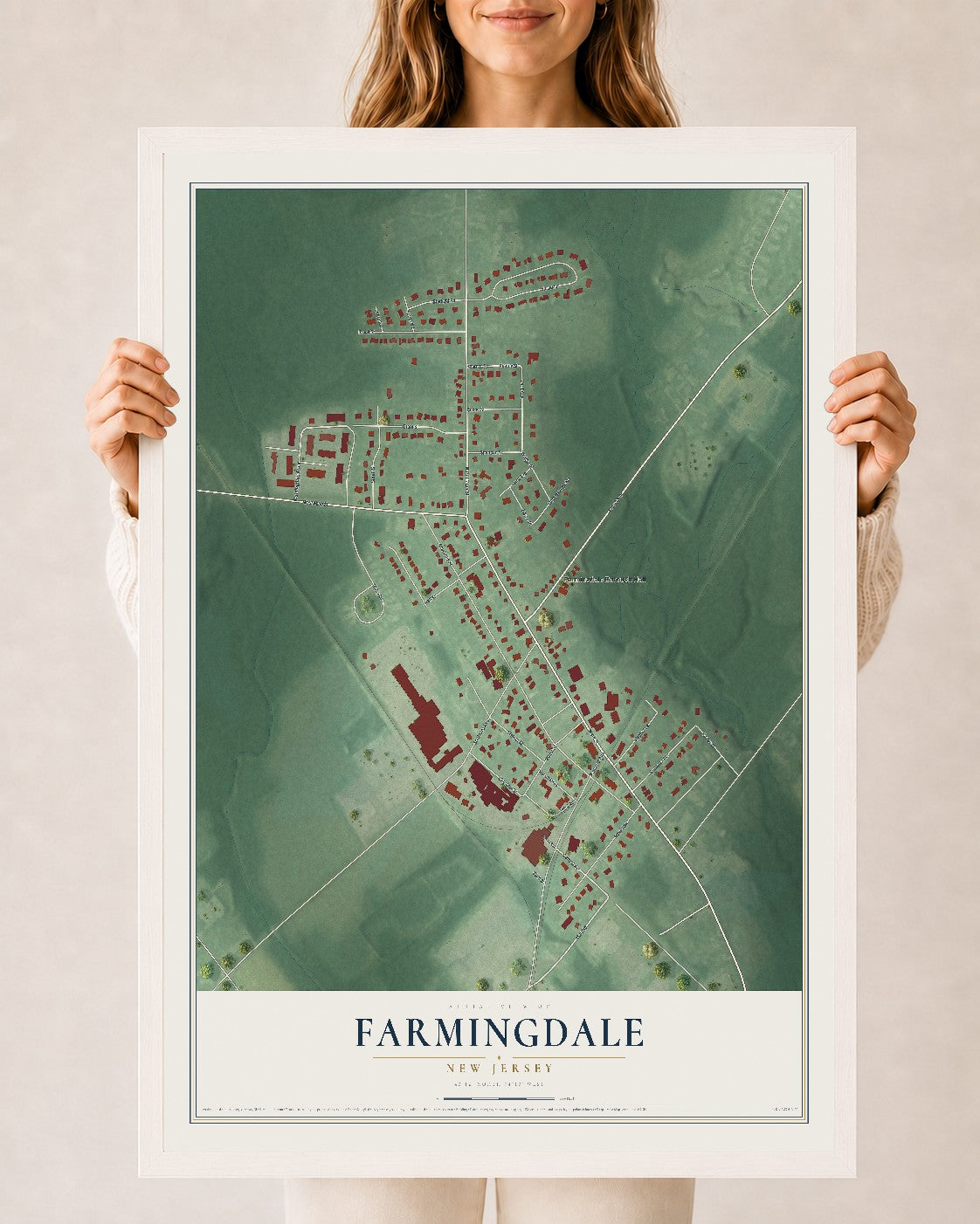 Farmingdale, New Jersey map print, 24" x 36" W/ White Ayous Wood Frame mockup