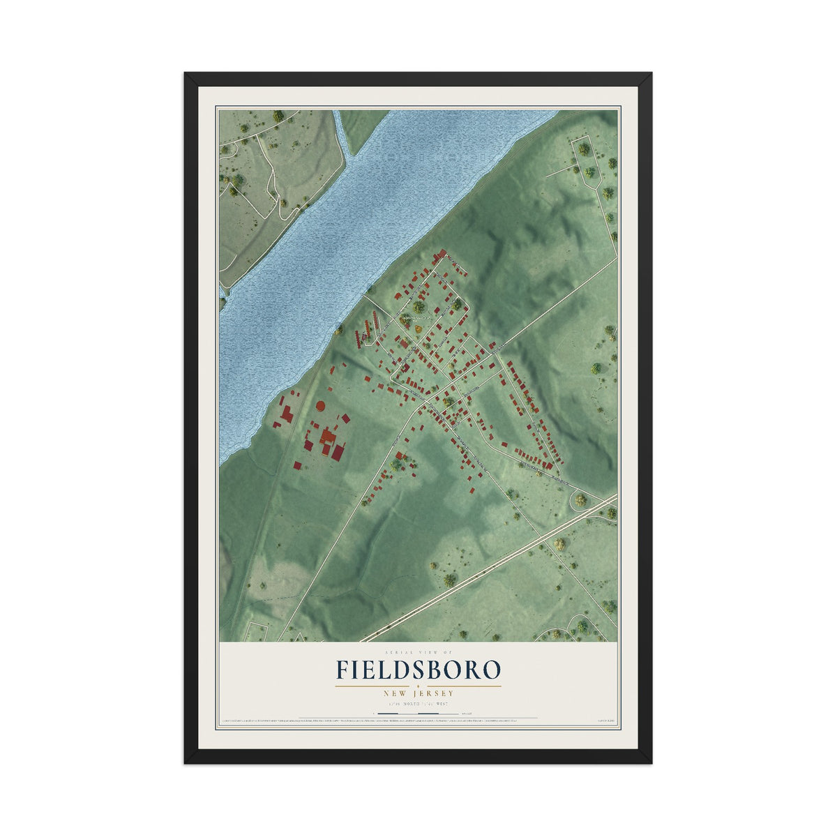 Fieldsboro, New Jersey map print, 12" x 18" W/ Black Ayous Wood Frame mockup
