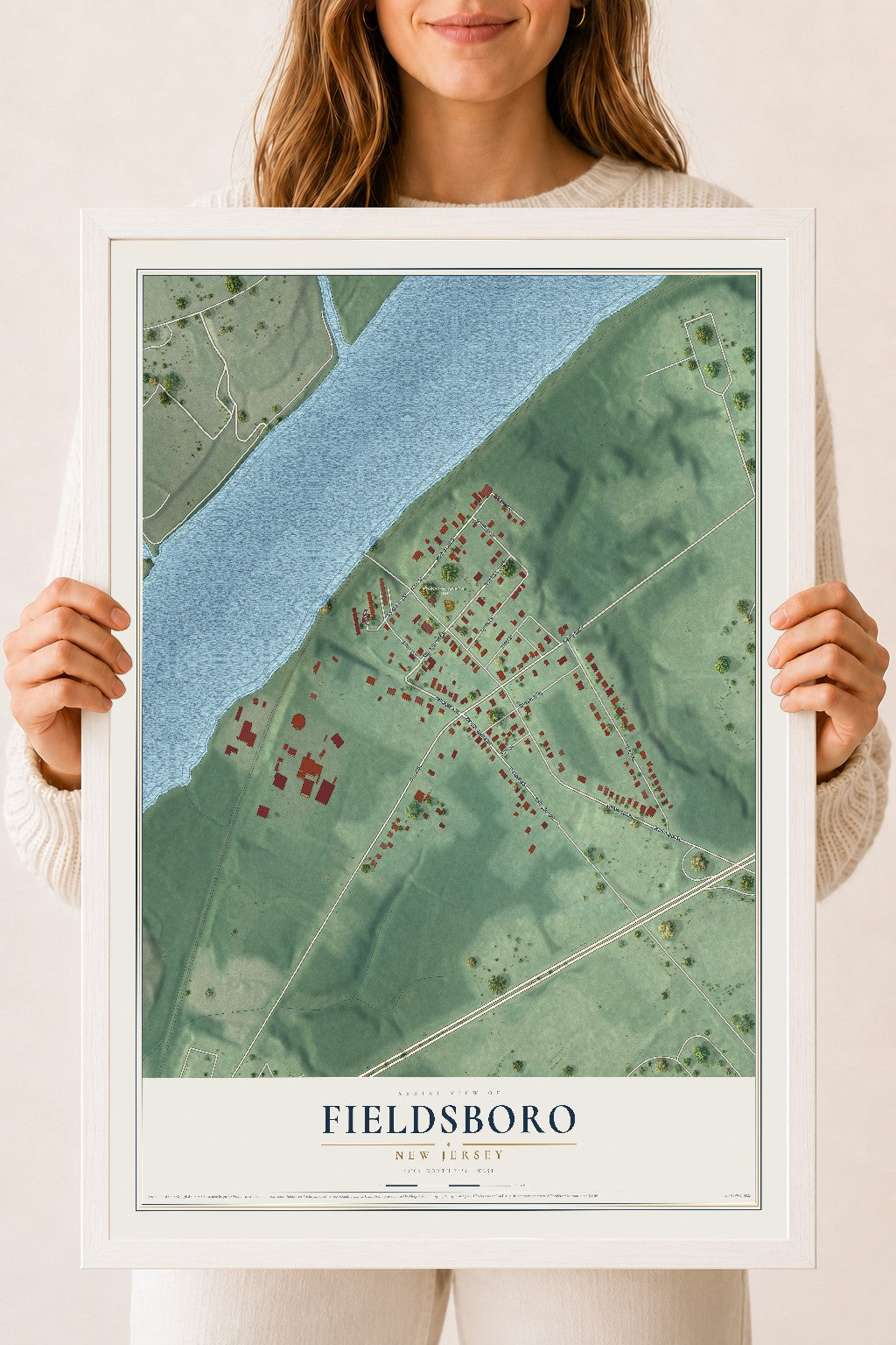 Fieldsboro, New Jersey map print, 18" x 24" W/ White Ayous Wood Frame mockup