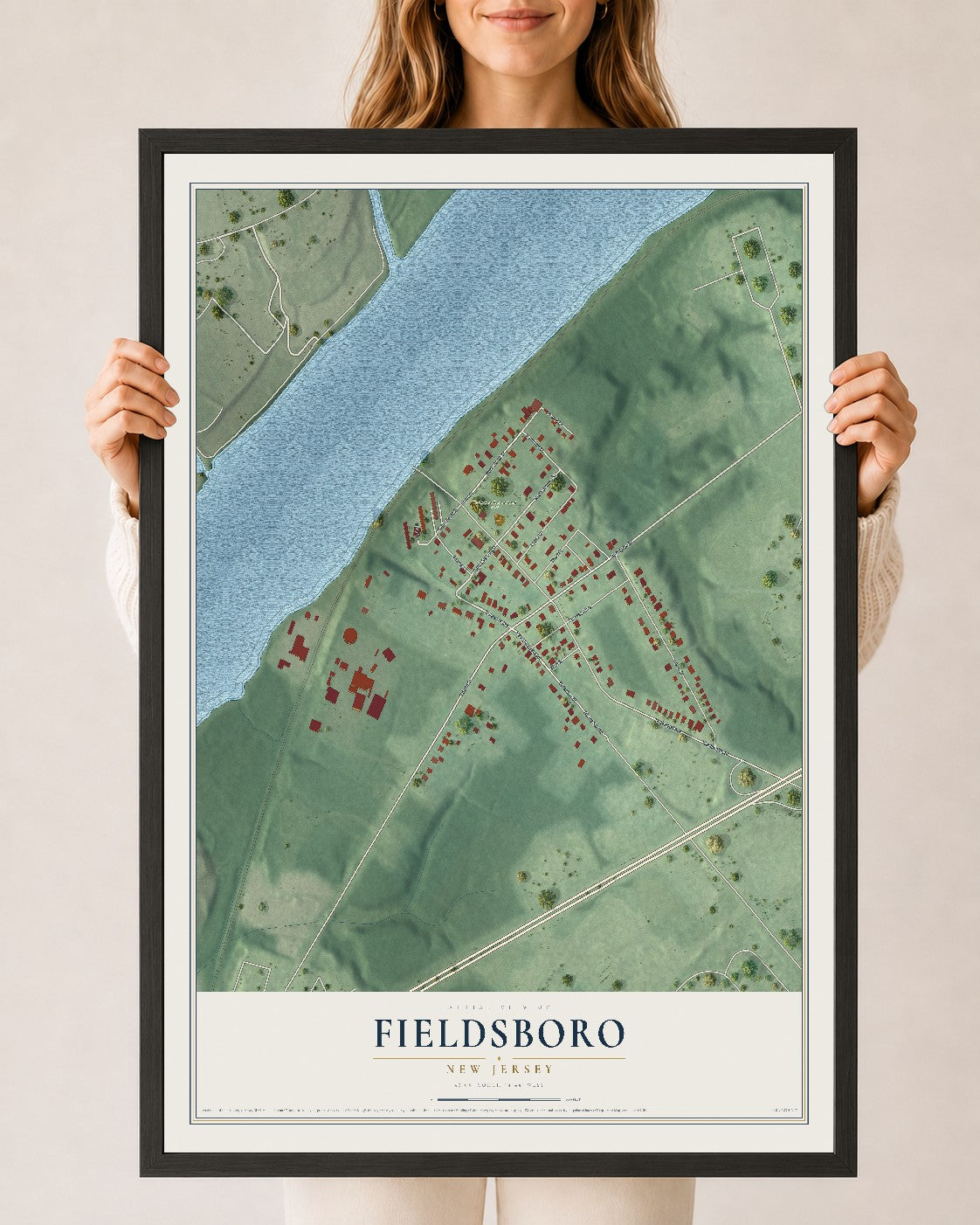Fieldsboro, New Jersey map print, 24" x 36" W/ Black Ayous Wood Frame mockup