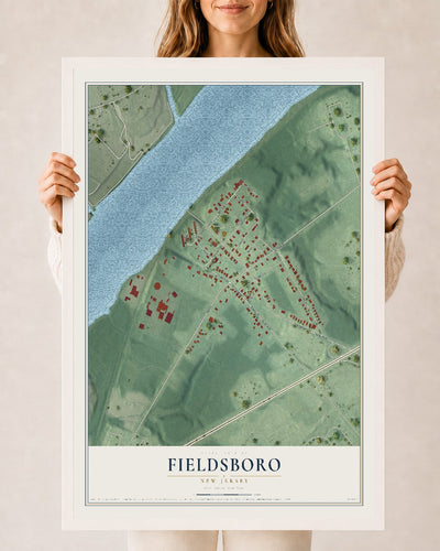 Fieldsboro, New Jersey map print, 24" x 36" W/ White Ayous Wood Frame mockup