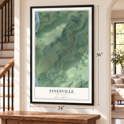 Finesville, New Jersey map, 24 x 36 inch print in a black frame by a staircase