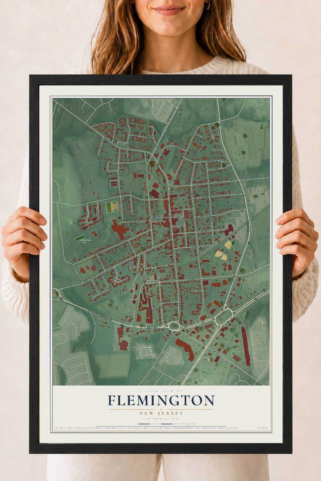 Flemington, New Jersey map print, 18" x 24" W/ Black Ayous Wood Frame mockup