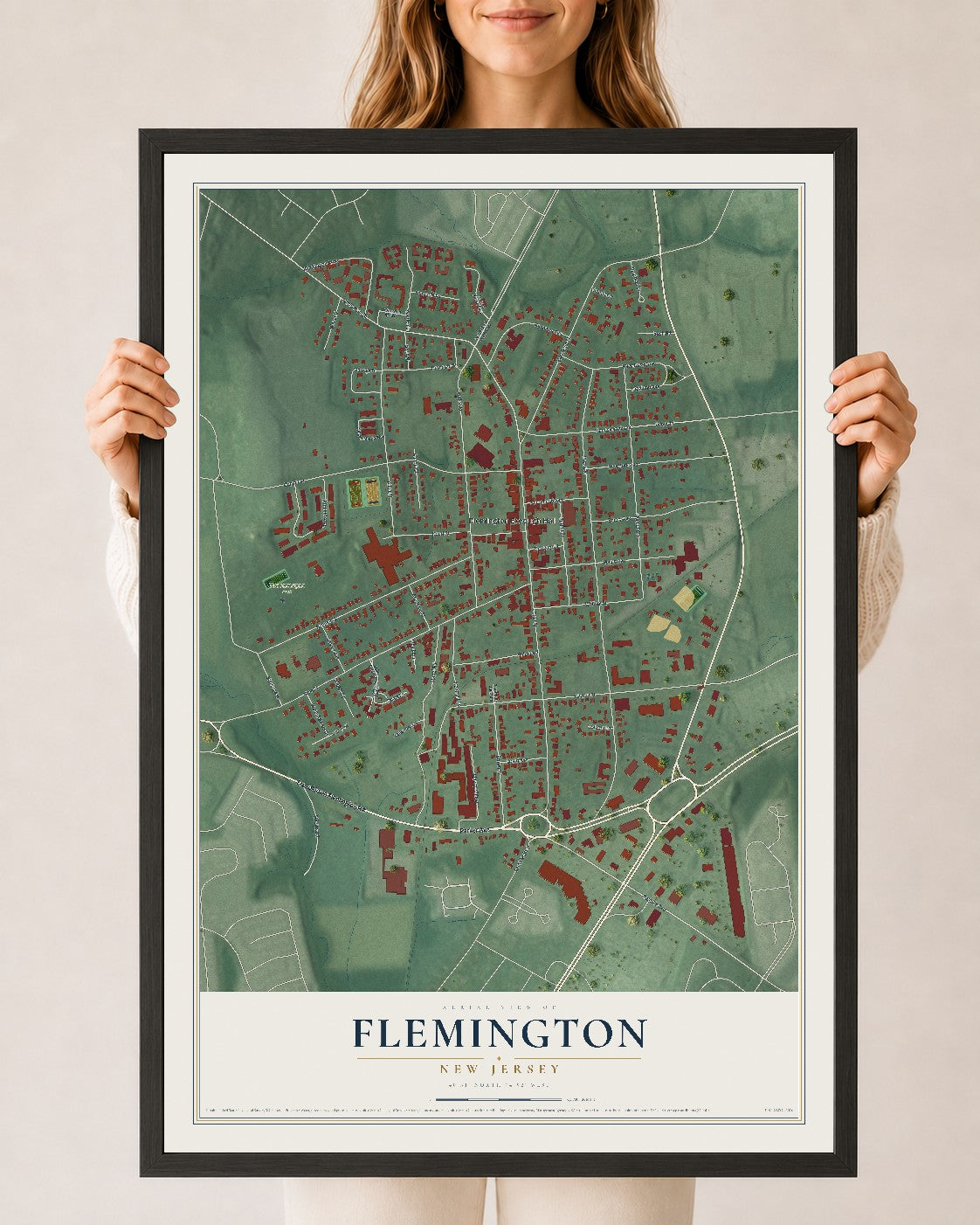Flemington, New Jersey map print, 24" x 36" W/ Black Ayous Wood Frame mockup