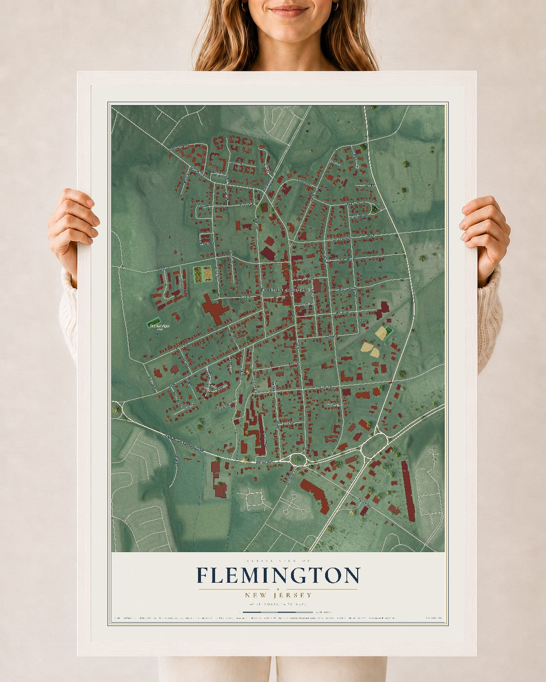 Flemington, New Jersey map print, 24" x 36" W/ White Ayous Wood Frame mockup