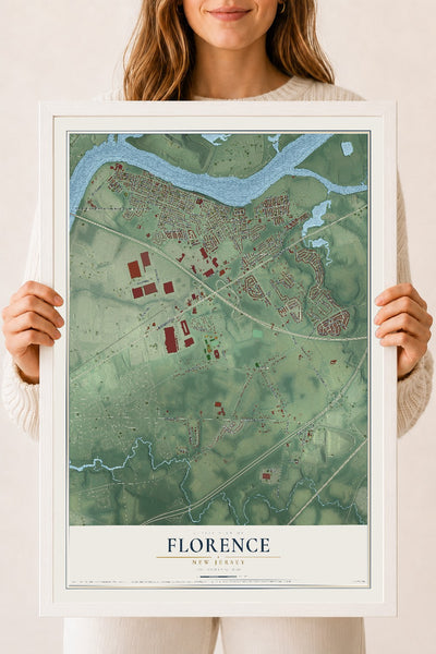 Florence, New Jersey map print, 18" x 24" W/ White Ayous Wood Frame mockup