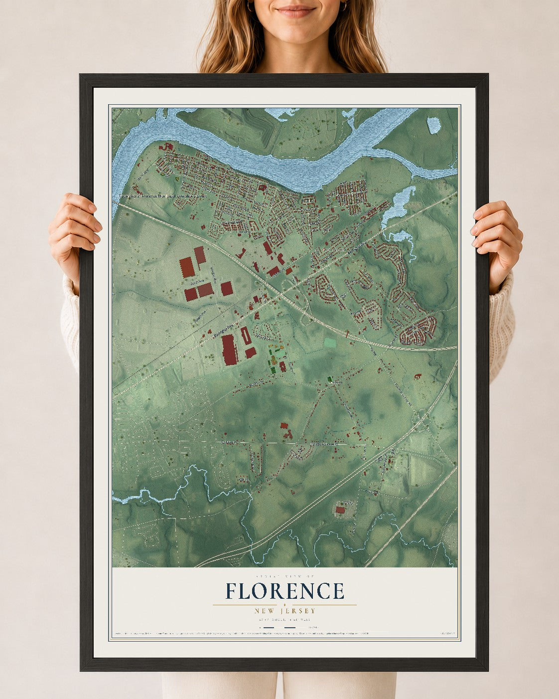 Florence, New Jersey map print, 24" x 36" W/ Black Ayous Wood Frame mockup