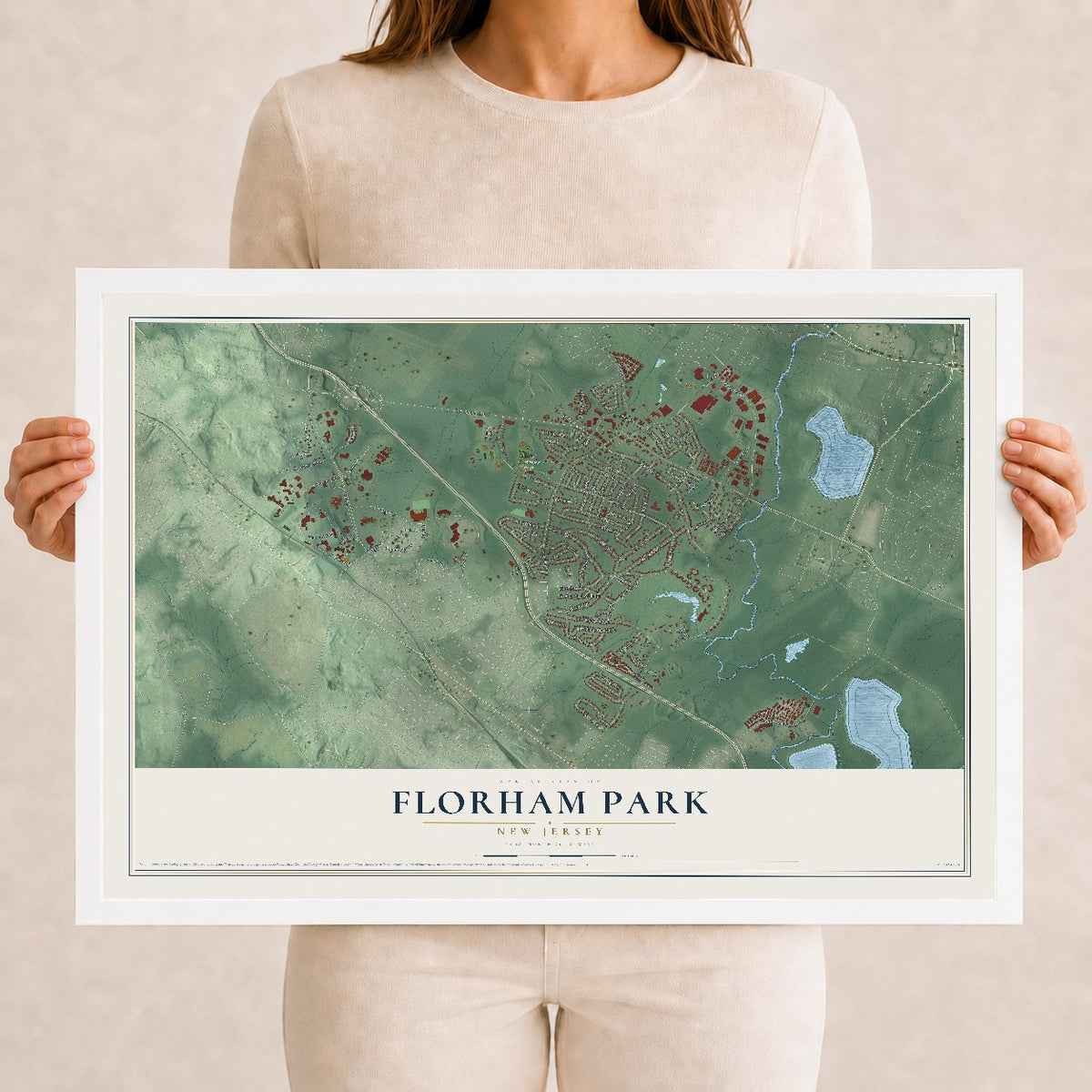 Florham Park, New Jersey map print, 12" x 18" W/ White Ayous Wood Frame mockup