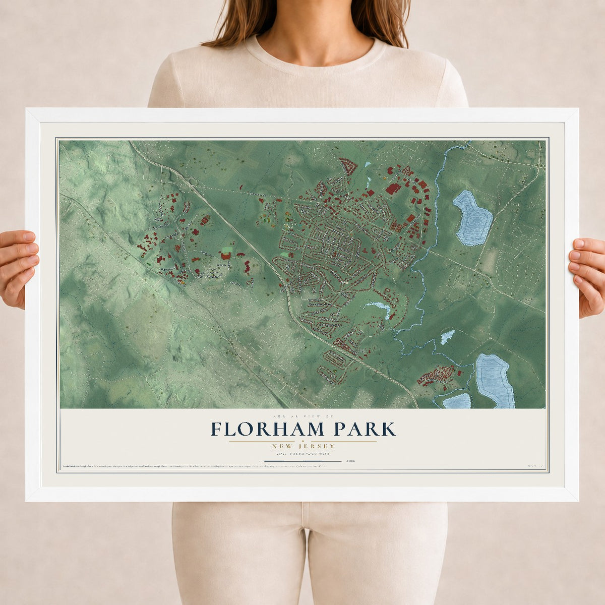 Florham Park, New Jersey map print, 18" x 24" W/ White Ayous Wood Frame mockup