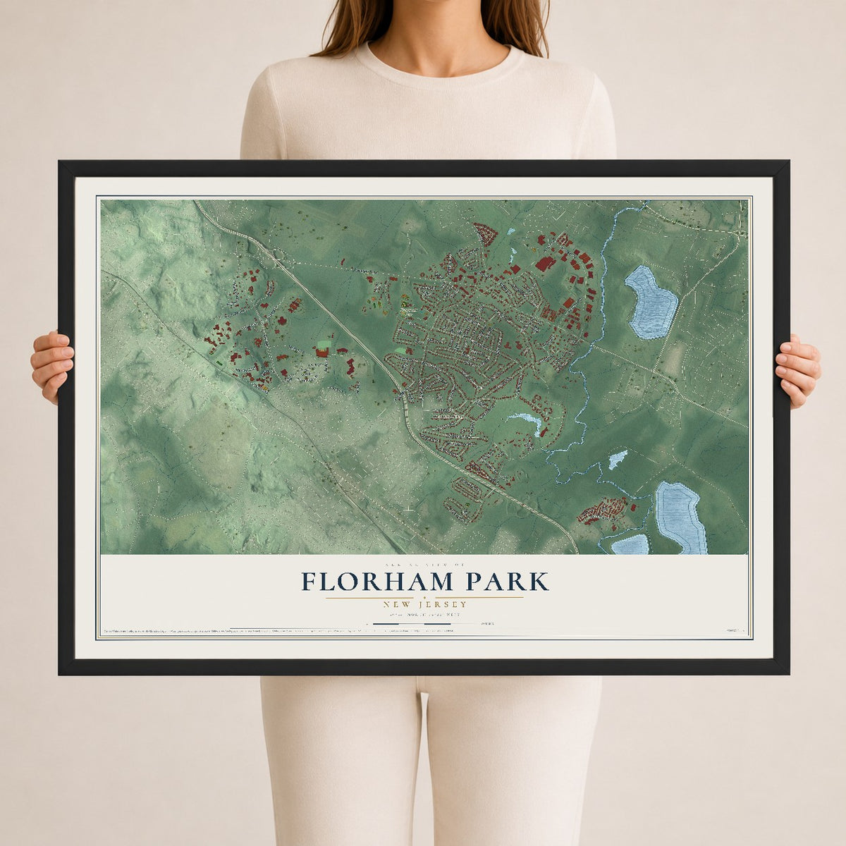 Florham Park, New Jersey map print, 24" x 36" W/ Black Ayous Wood Frame mockup