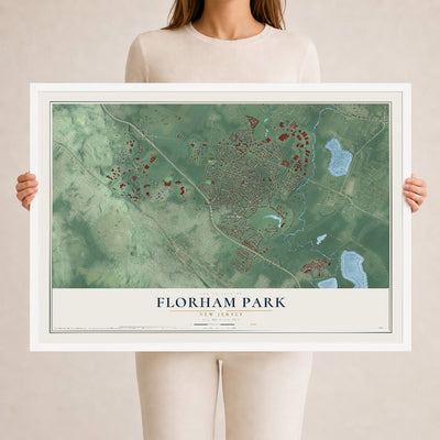 Florham Park, New Jersey map print, 24" x 36" W/ White Ayous Wood Frame mockup