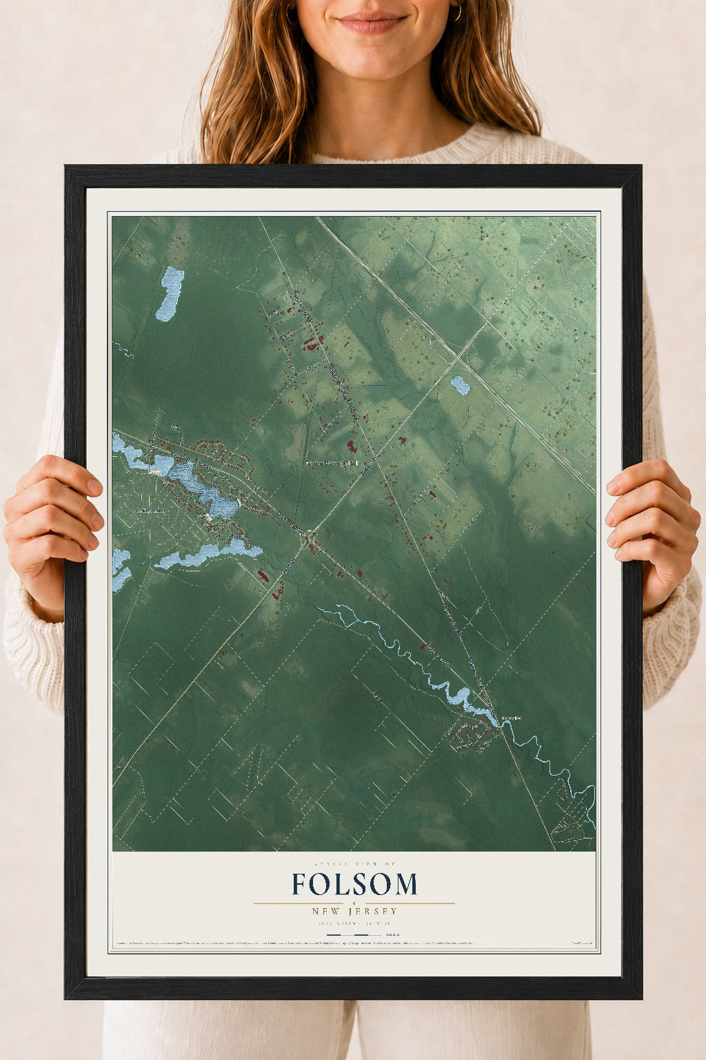 Folsom, New Jersey map print, 18" x 24" W/ Black Ayous Wood Frame mockup