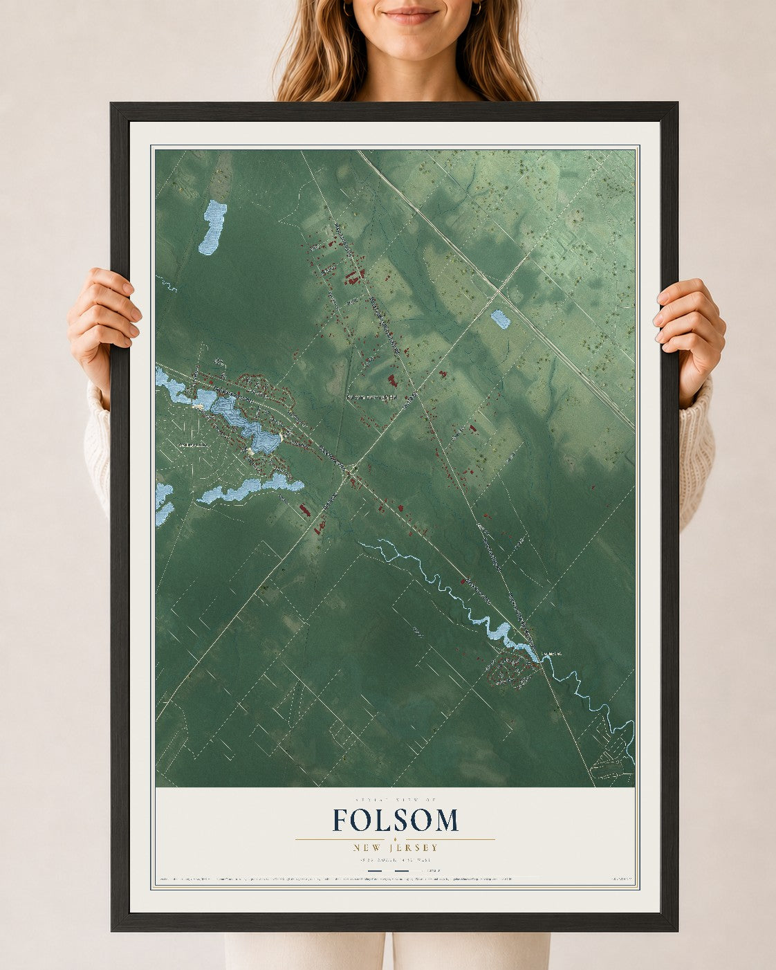 Folsom, New Jersey map print, 24" x 36" W/ Black Ayous Wood Frame mockup