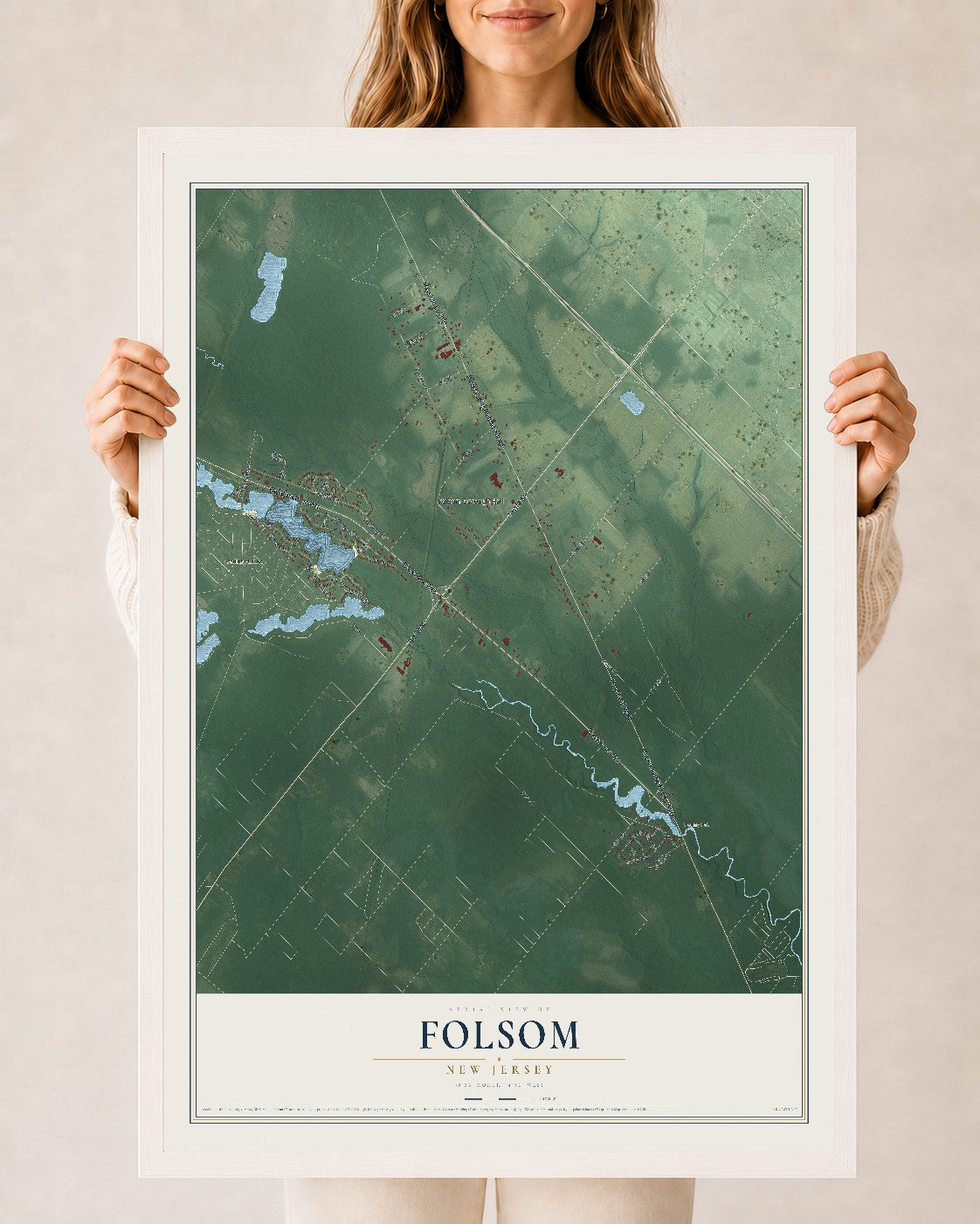 Folsom, New Jersey map print, 24" x 36" W/ White Ayous Wood Frame mockup