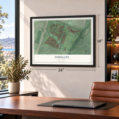 Forsgate, New Jersey map, 18 x 24 inch print in a black frame in a home office