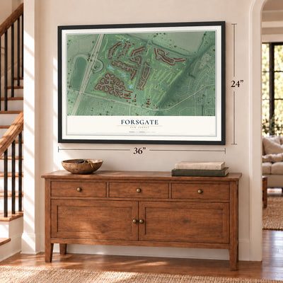 Forsgate, New Jersey map, 24 x 36 inch print in a black frame above a dresser by a staircase