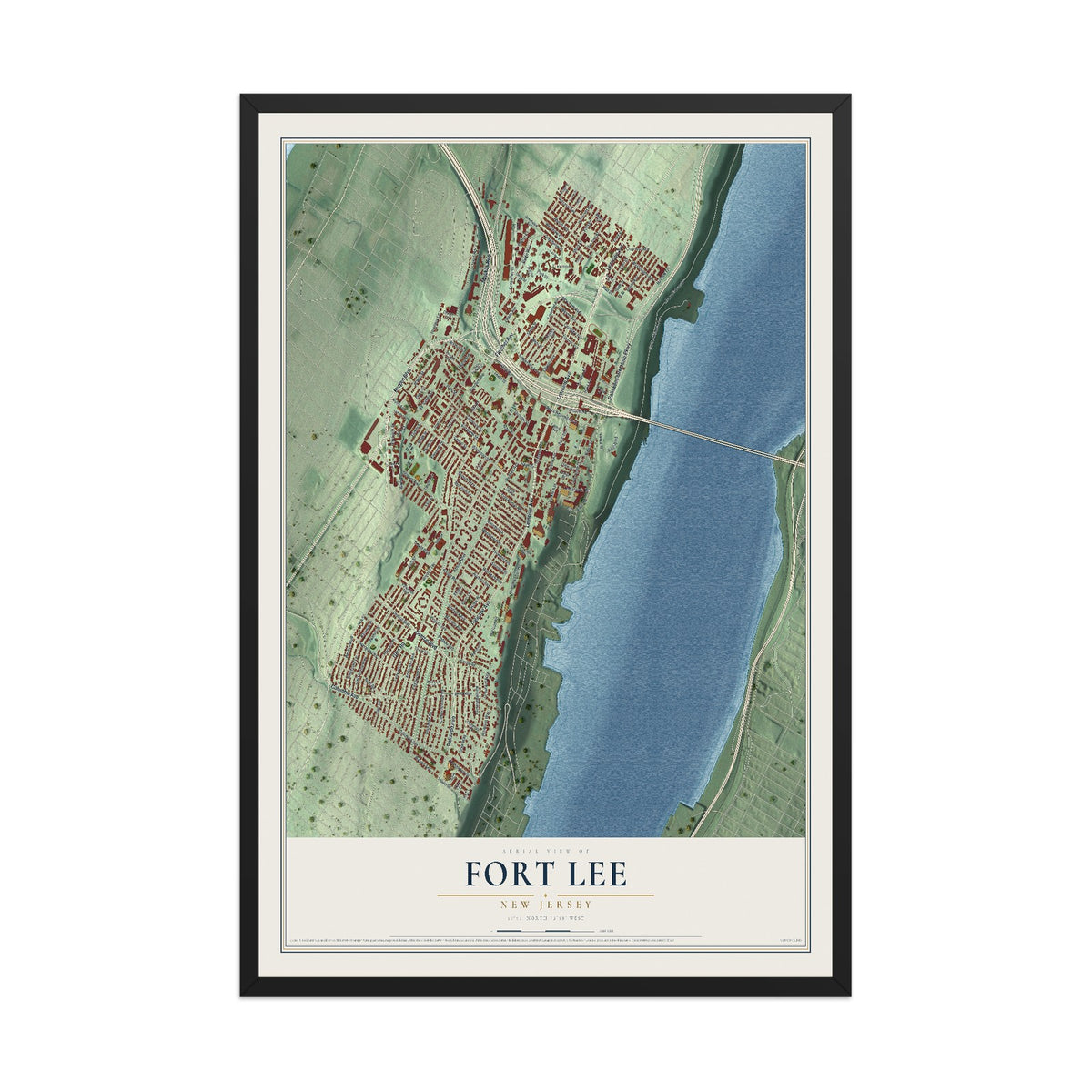 Fort Lee, New Jersey map print, 12" x 18" W/ Black Ayous Wood Frame mockup