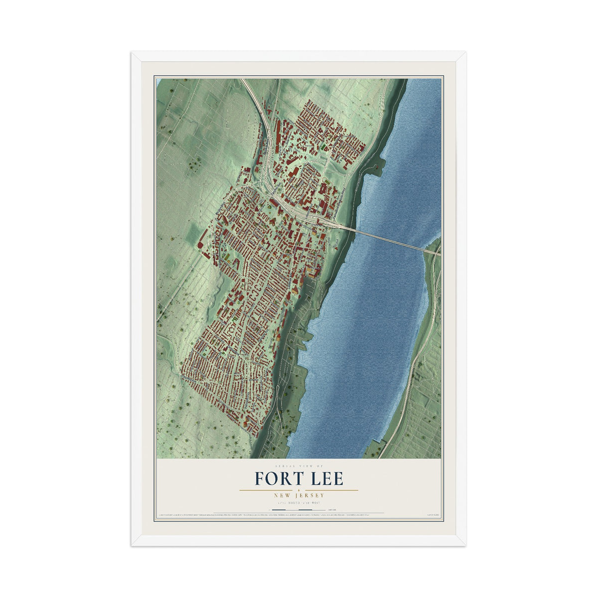 Fort Lee, New Jersey map print, 12" x 18" W/ White Ayous Wood Frame mockup