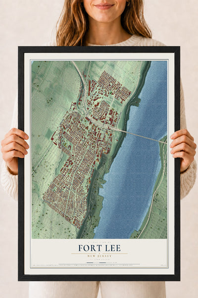Fort Lee, New Jersey map print, 18" x 24" W/ Black Ayous Wood Frame mockup