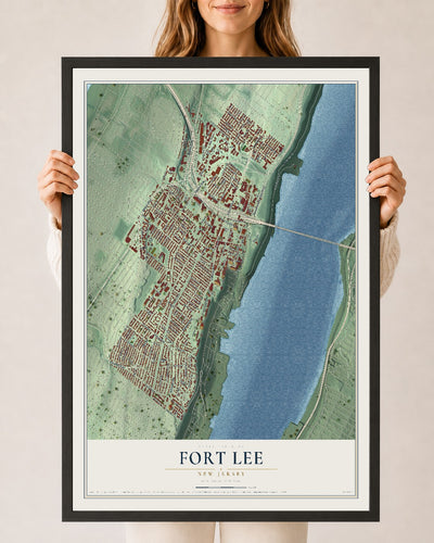 Fort Lee, New Jersey map print, 24" x 36" W/ Black Ayous Wood Frame mockup