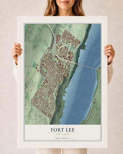 Fort Lee, New Jersey map print, 24" x 36" W/ White Ayous Wood Frame mockup