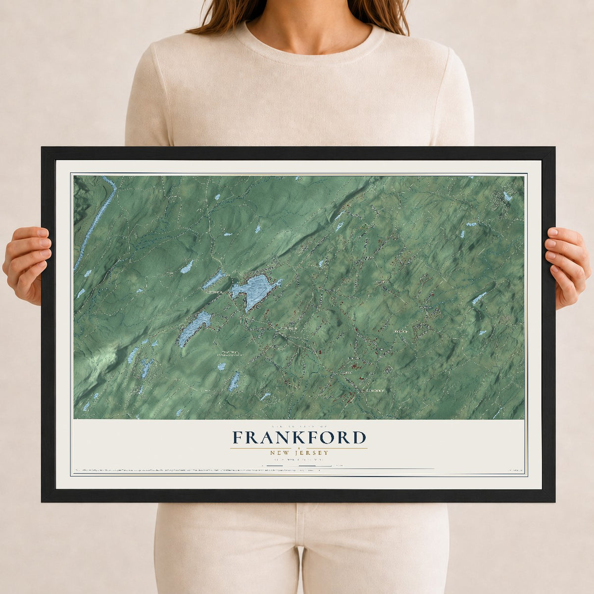 Frankford, New Jersey map print, 12" x 18" W/ Black Ayous Wood Frame mockup