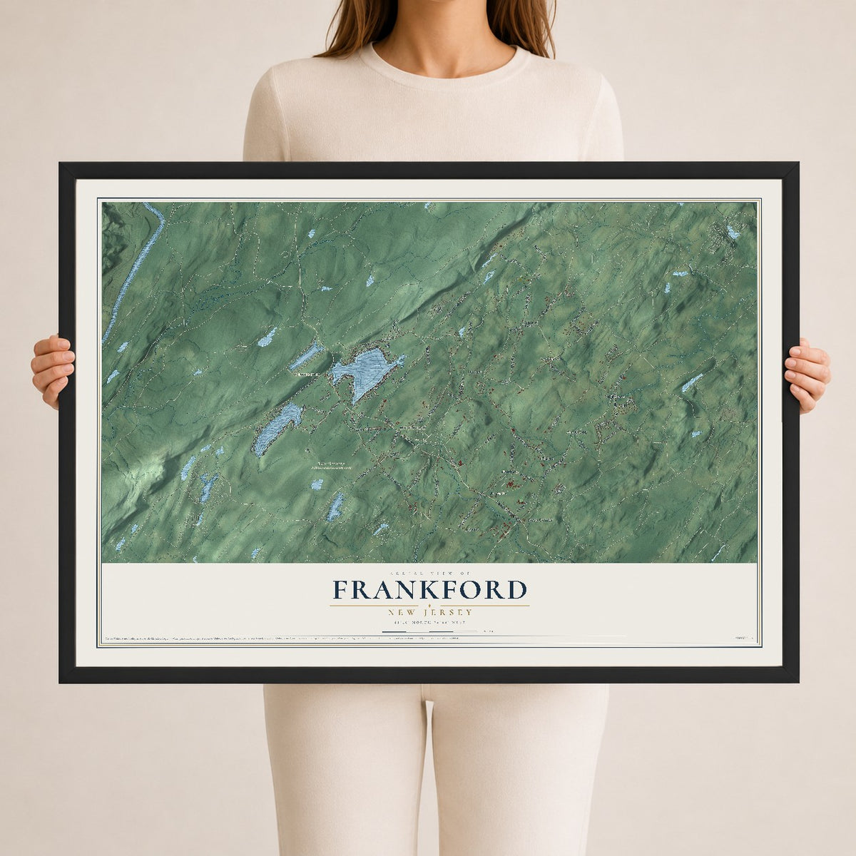 Frankford, New Jersey map print, 24" x 36" W/ Black Ayous Wood Frame mockup