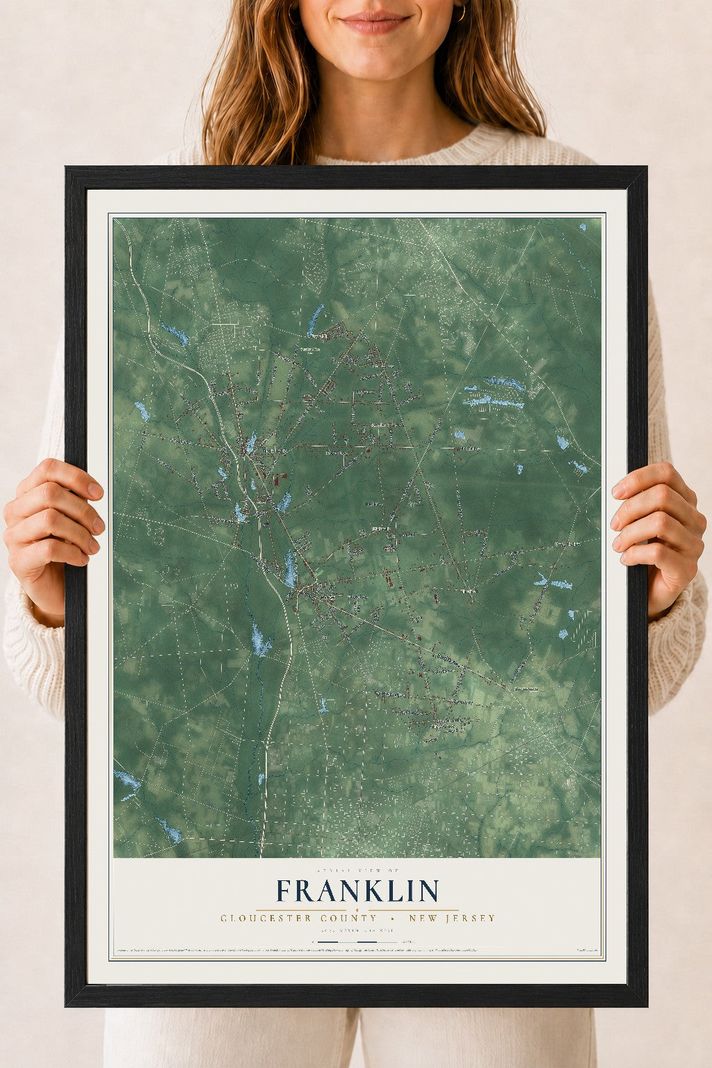 Franklin, New Jersey map print, 18" x 24" W/ Black Ayous Wood Frame mockup