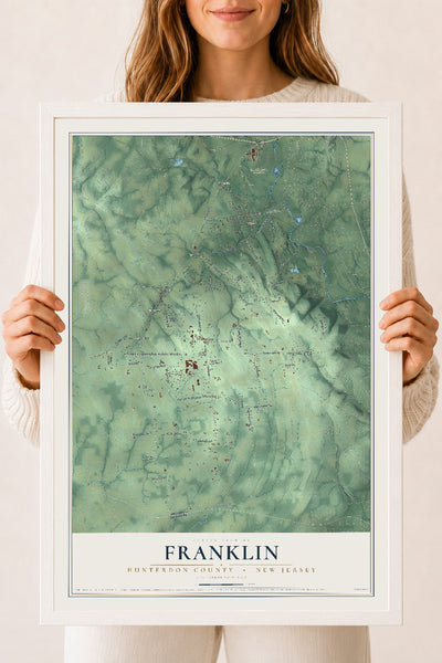Franklin, New Jersey map print, 18" x 24" W/ White Ayous Wood Frame mockup