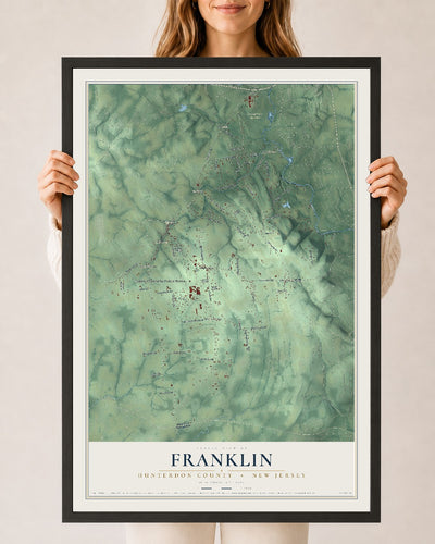 Franklin, New Jersey map print, 24" x 36" W/ Black Ayous Wood Frame mockup