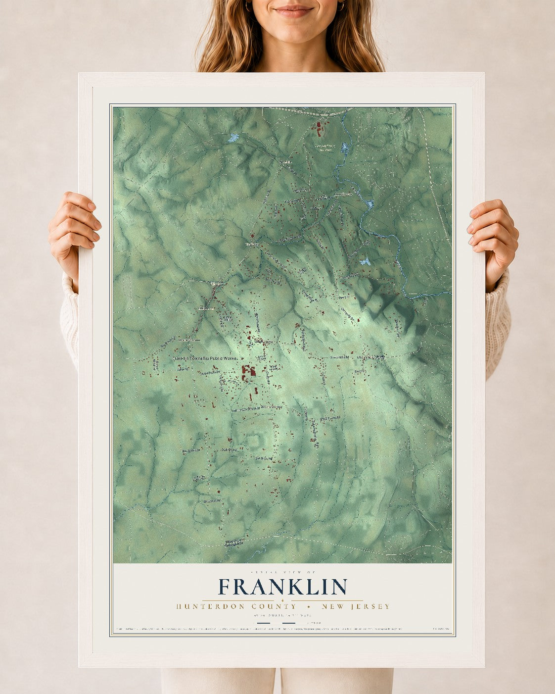 Franklin, New Jersey map print, 24" x 36" W/ White Ayous Wood Frame mockup