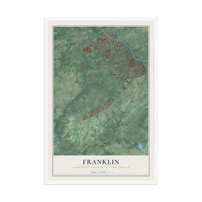 Franklin, New Jersey map print, 12" x 18" W/ White Ayous Wood Frame mockup