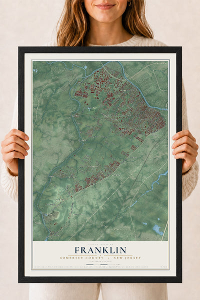 Franklin, New Jersey map print, 18" x 24" W/ Black Ayous Wood Frame mockup