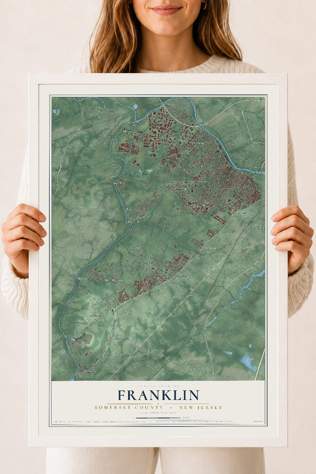 Franklin, New Jersey map print, 18" x 24" W/ White Ayous Wood Frame mockup