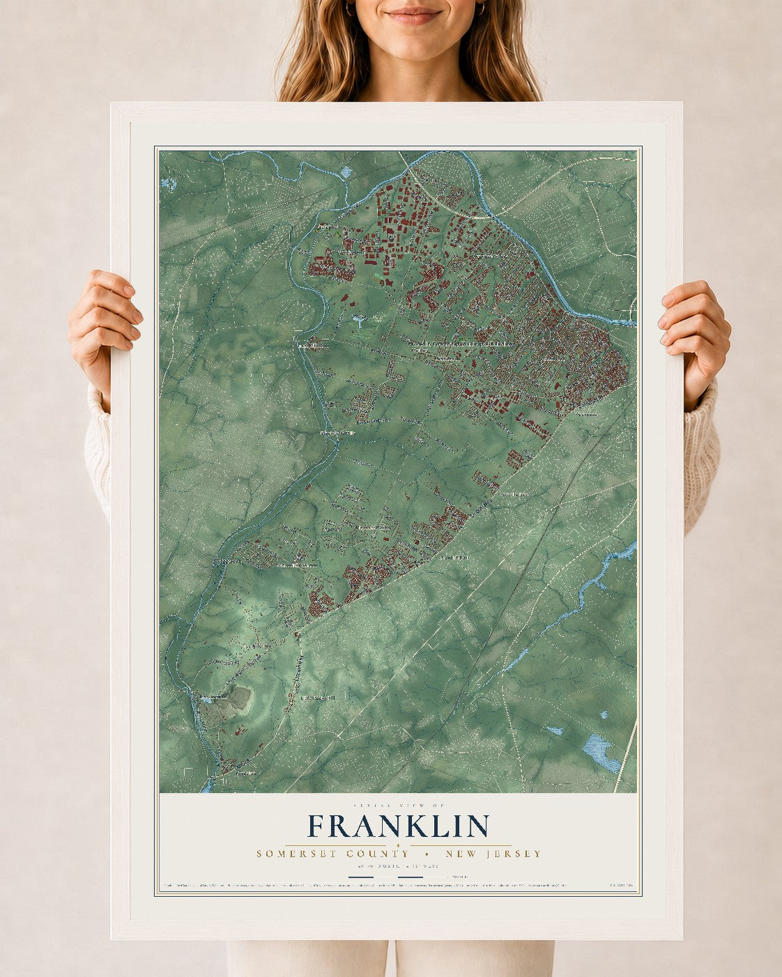 Franklin, New Jersey map print, 24" x 36" W/ White Ayous Wood Frame mockup