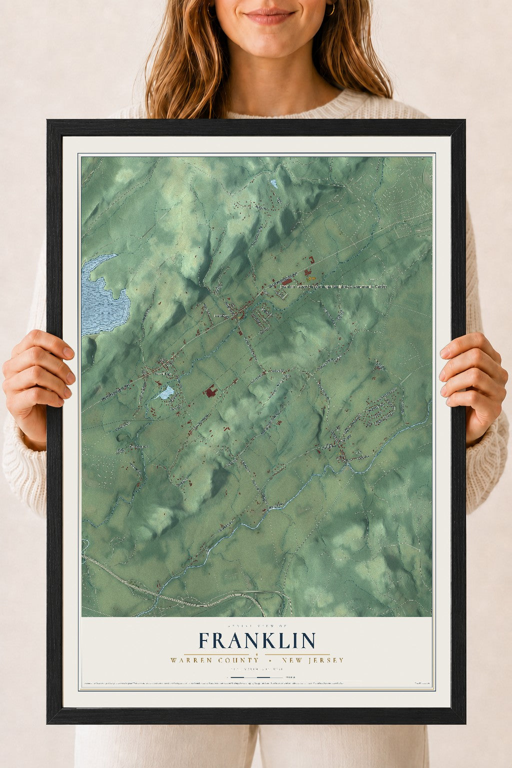 Franklin, New Jersey map print, 18" x 24" W/ Black Ayous Wood Frame mockup