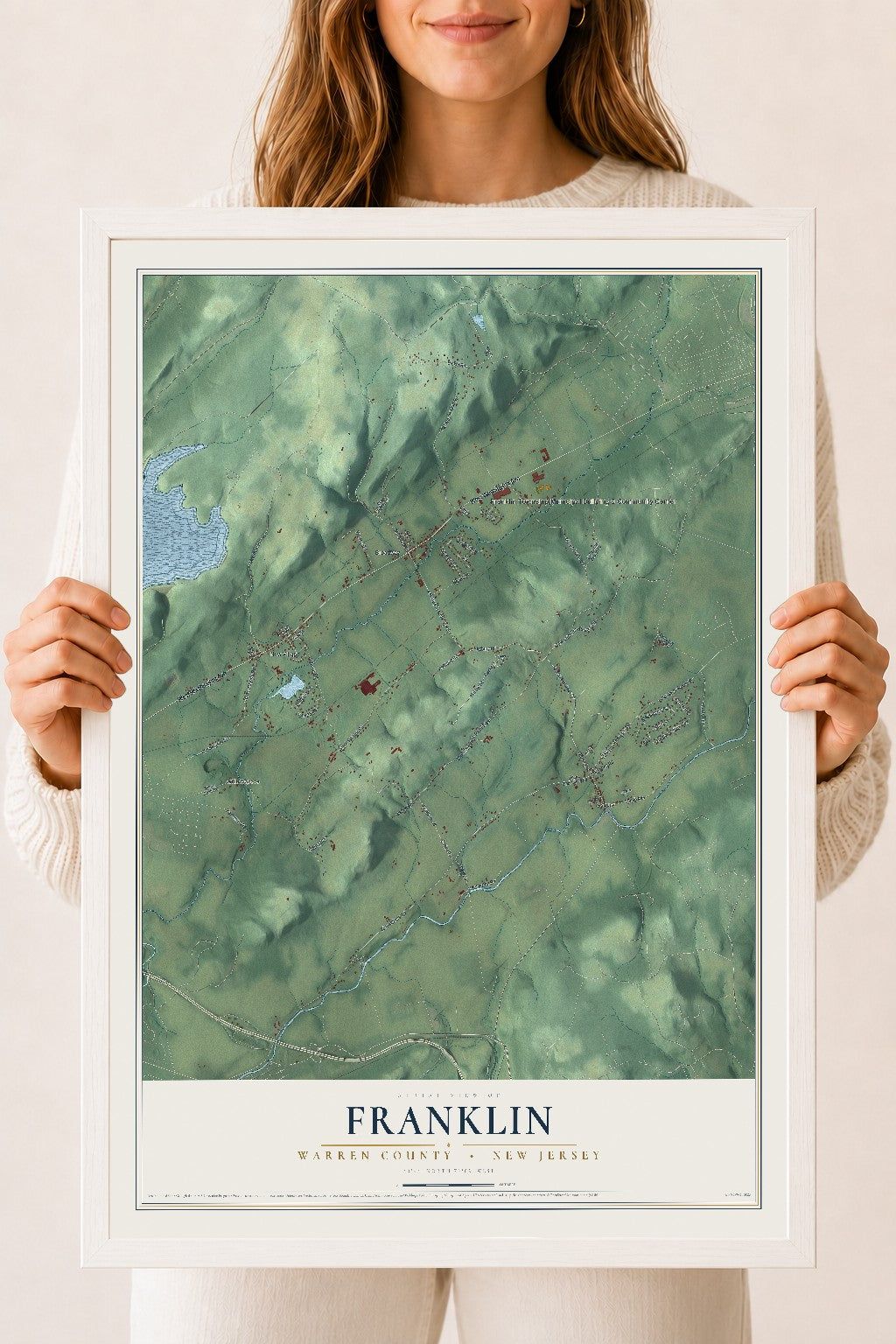 Franklin, New Jersey map print, 18" x 24" W/ White Ayous Wood Frame mockup