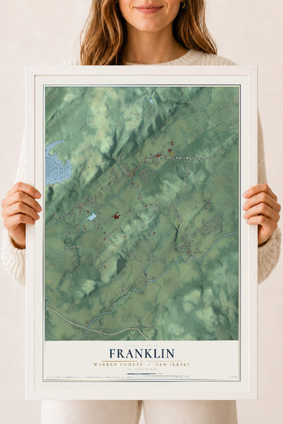 Franklin, New Jersey map print, 18" x 24" W/ White Ayous Wood Frame mockup