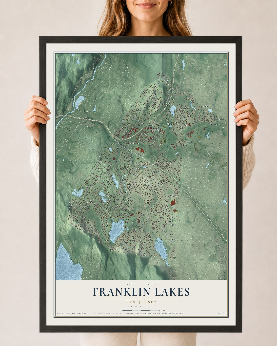 Franklin Lakes, New Jersey map print, 24" x 36" W/ Black Ayous Wood Frame mockup