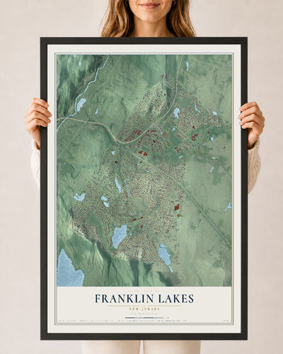 Franklin Lakes, New Jersey map print, 24" x 36" W/ Black Ayous Wood Frame mockup