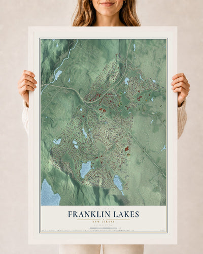 Franklin Lakes, New Jersey map print, 24" x 36" W/ White Ayous Wood Frame mockup