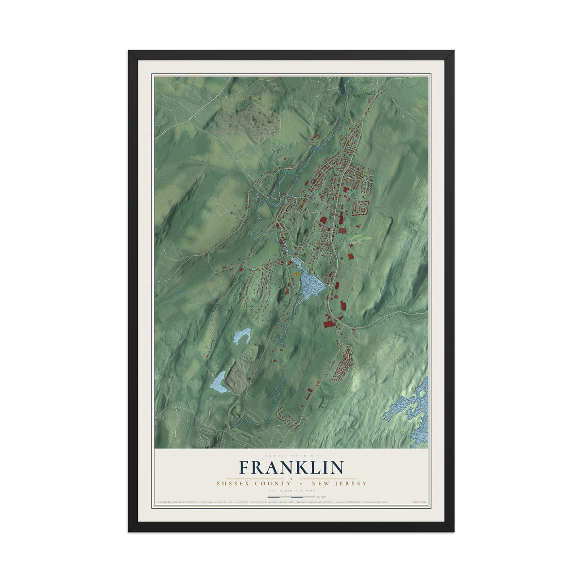 Franklin, New Jersey map print, 12" x 18" W/ Black Ayous Wood Frame mockup