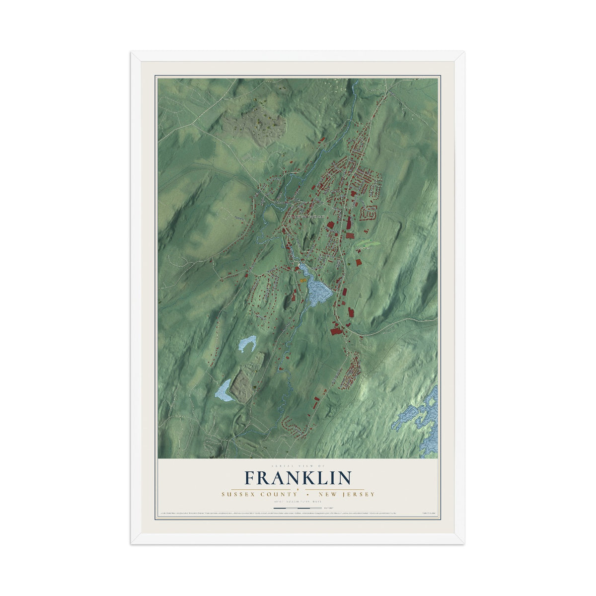 Franklin, New Jersey map print, 12" x 18" W/ White Ayous Wood Frame mockup