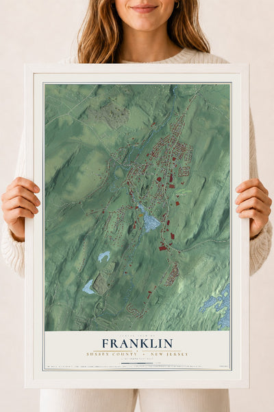 Franklin, New Jersey map print, 18" x 24" W/ White Ayous Wood Frame mockup