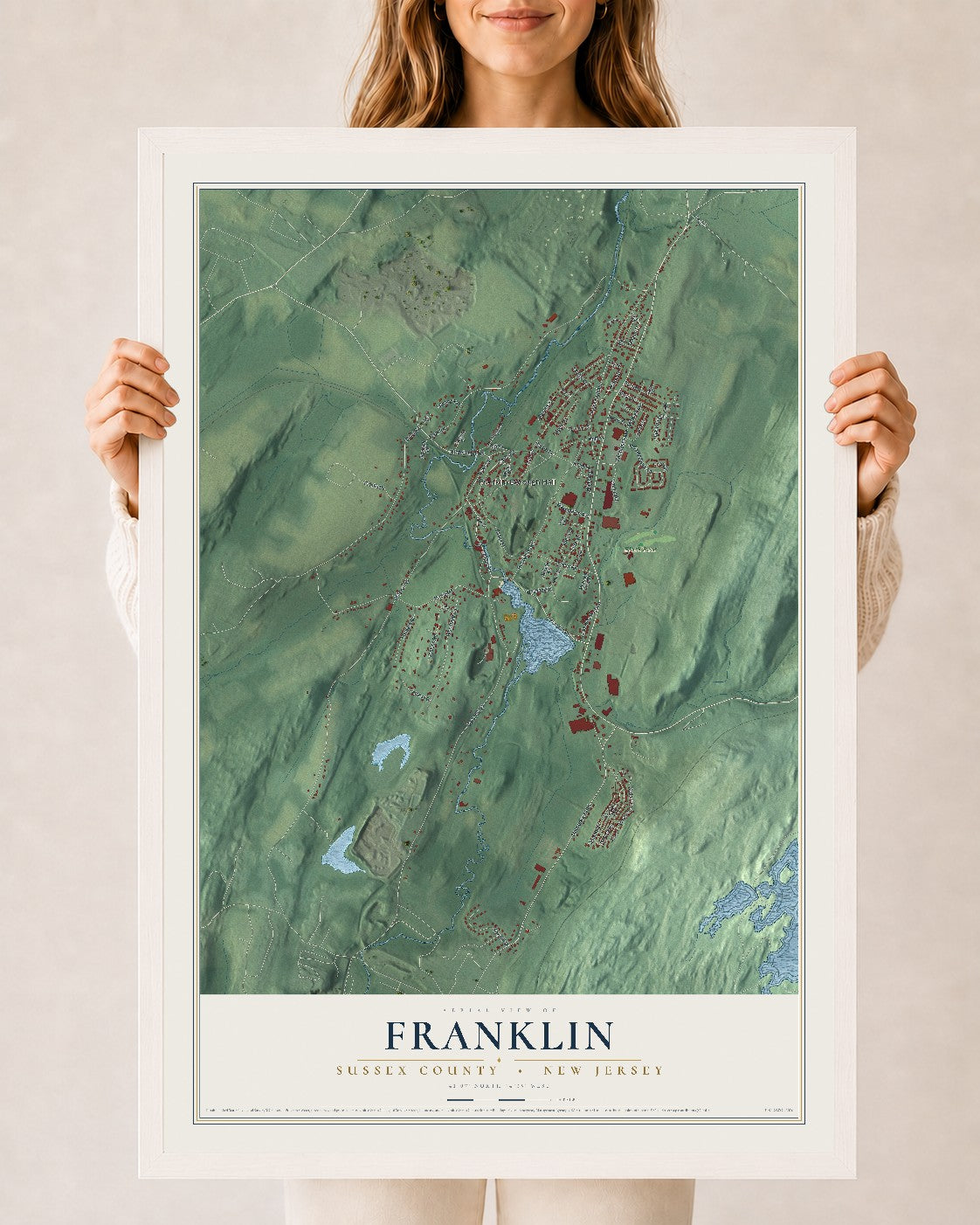 Franklin, New Jersey map print, 24" x 36" W/ White Ayous Wood Frame mockup
