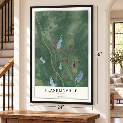 Franklinville, New Jersey map, 24 x 36 inch print in a black frame by a staircase