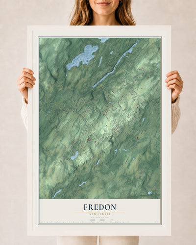 Fredon, New Jersey map print, 24" x 36" W/ White Ayous Wood Frame mockup