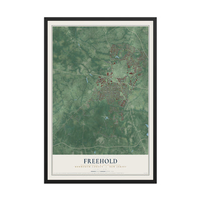 Freehold, New Jersey map print, 12" x 18" W/ Black Ayous Wood Frame mockup