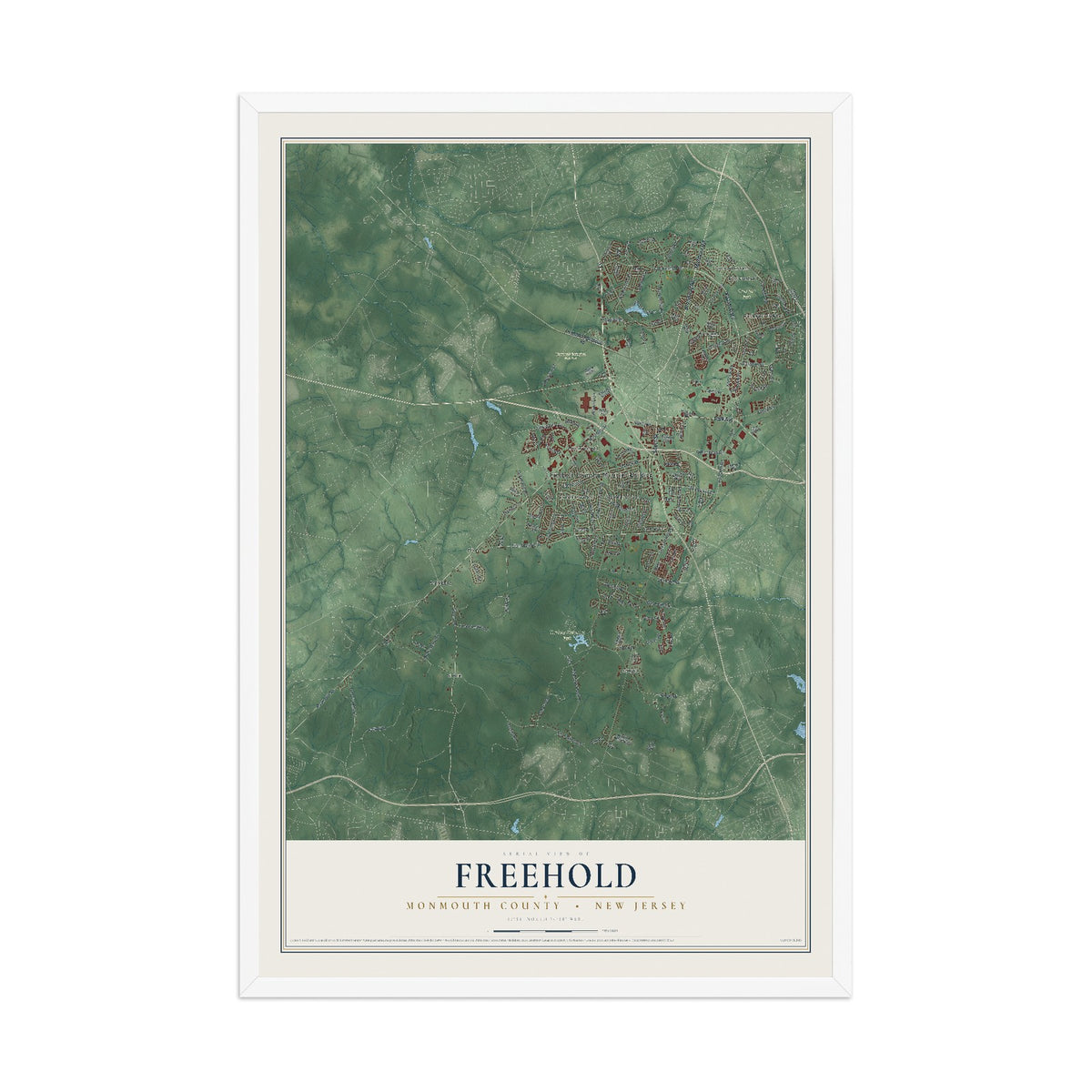 Freehold, New Jersey map print, 12" x 18" W/ White Ayous Wood Frame mockup