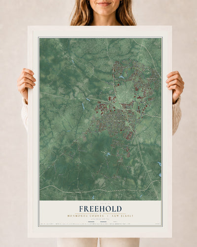 Freehold, New Jersey map print, 24" x 36" W/ White Ayous Wood Frame mockup